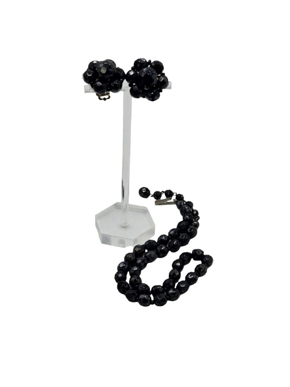 (168) West Germany Vintage Black Faceted Glass Necklace Cluster Clip-on Earrings